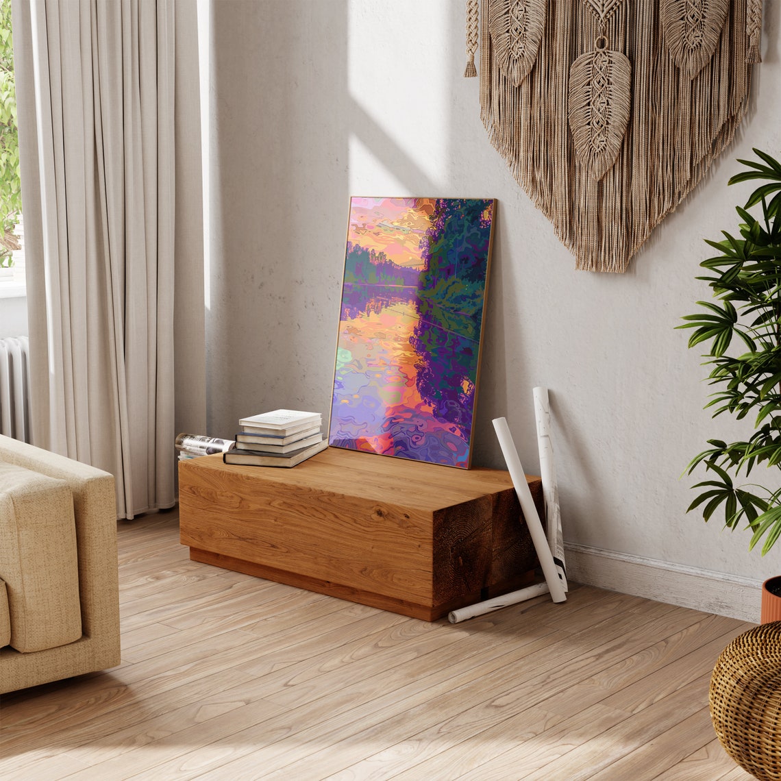 Vibrant Colorful Sunset Lake Abstract Water Reflection Art Poster - Image 3