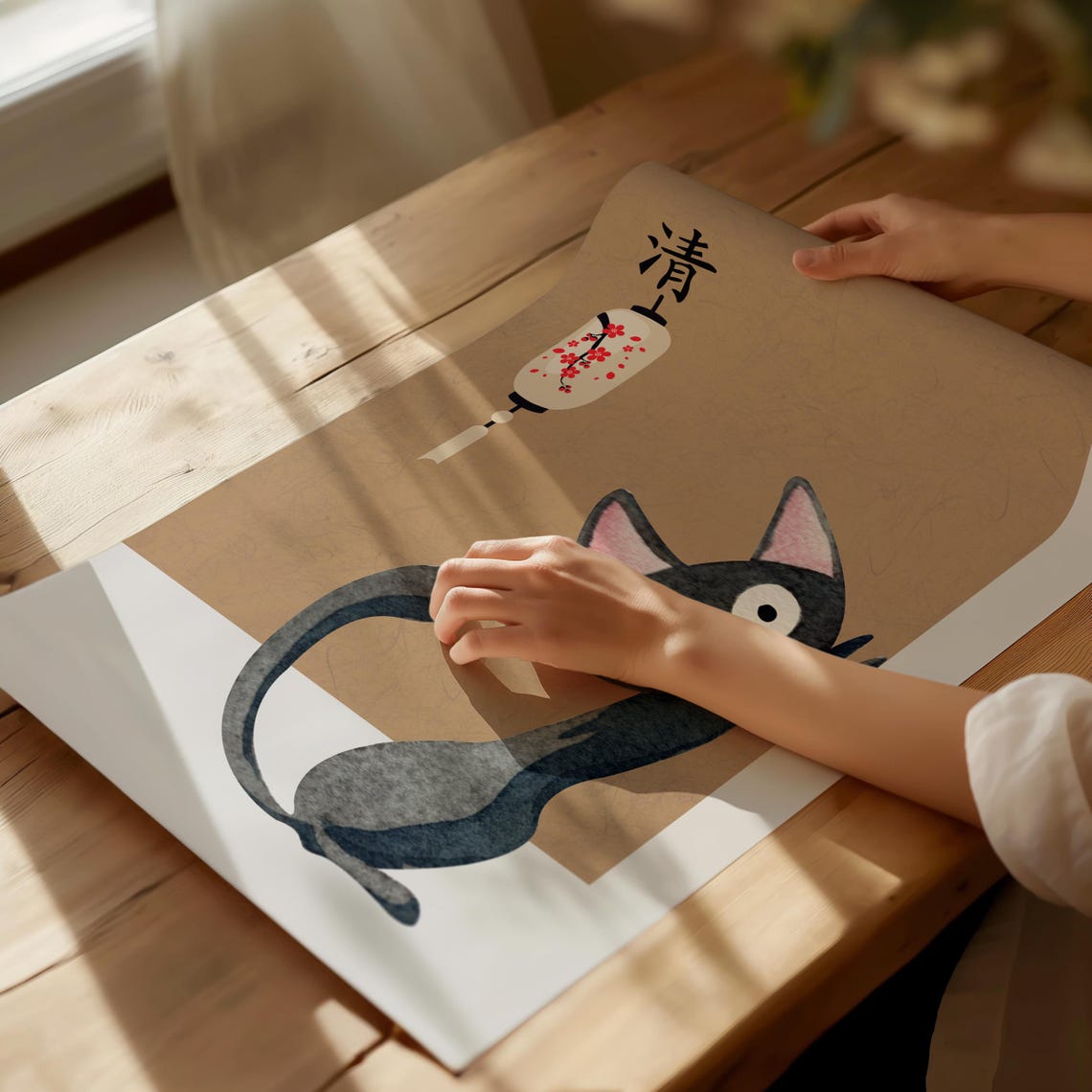 Cute Black Cat Japanese Paper Lantern Cherry Blossom Gift Poster - Image 4
