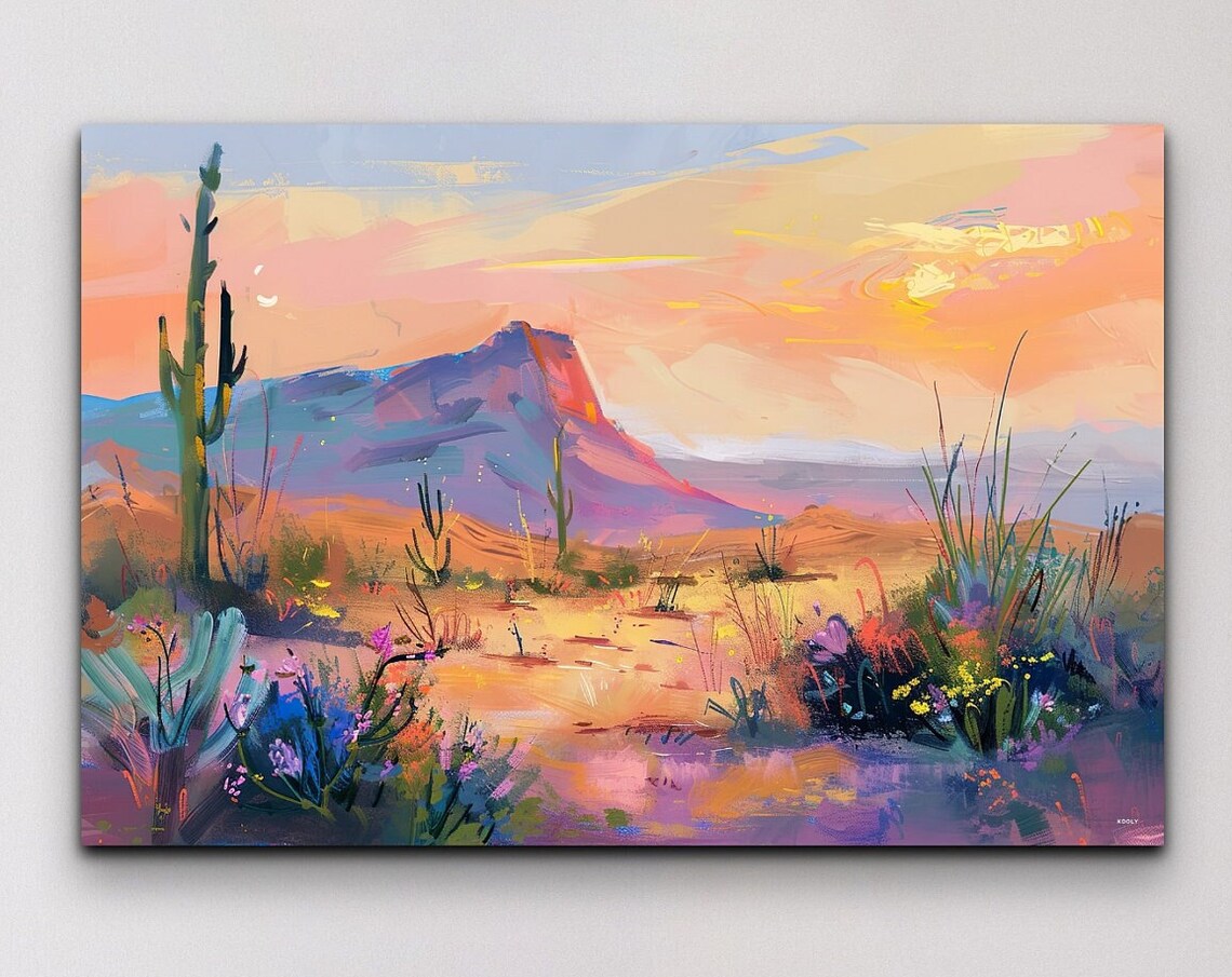 Pastel Desert Mountain Sunrise Saguaro Soft Color Landscape Poster