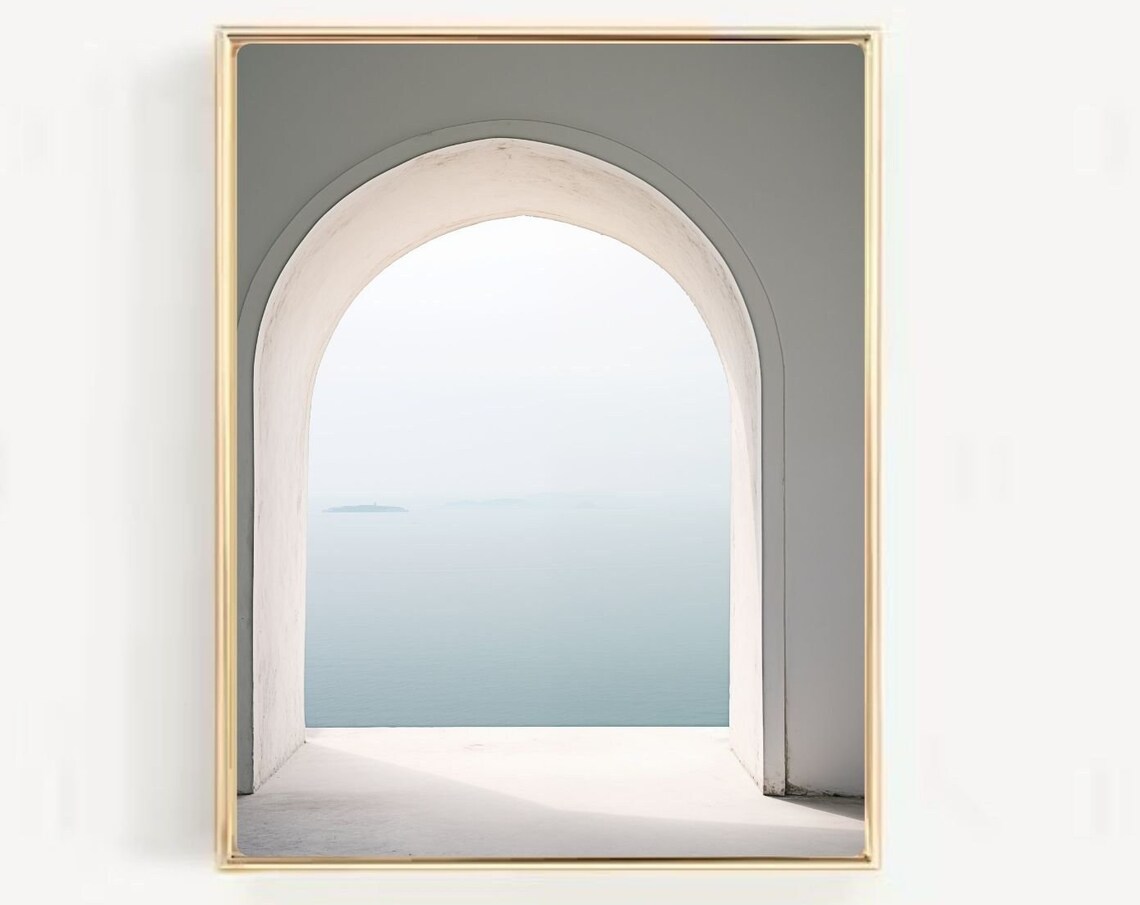 Minimalist White Greek Archway Framing Ocean View Photo Poster - Image 3