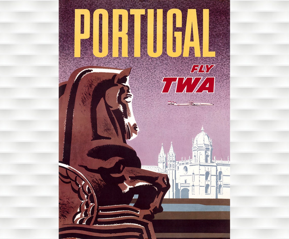 Fly TWA Portugal Horse Statue Monastery Vintage Airline Poster