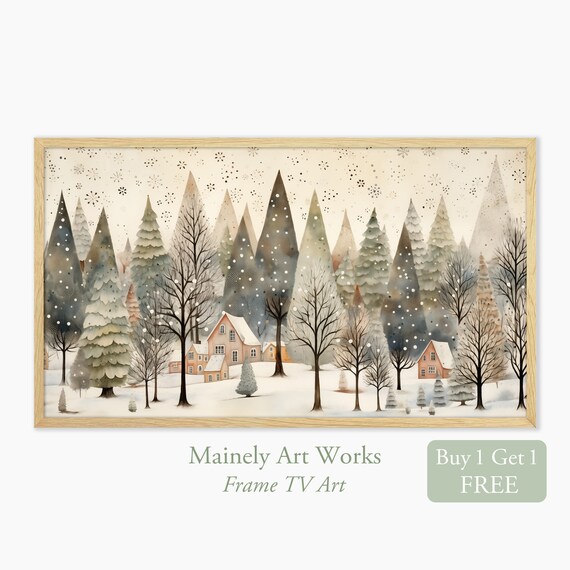 Snowy Winter Village Among Tall Pines Folk Style Christmas Tree Wall Art Print