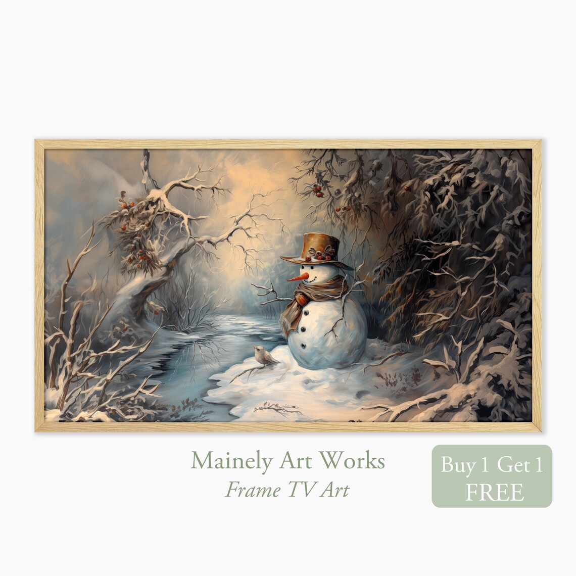 A Vintage Snowman In Snowy Winter Woods By Frozen Stream Wall Art