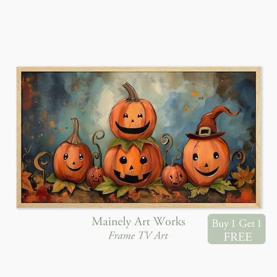 Whimsical Smiling Pumpkins Group Cute Jack O Lanterns Halloween Wall Art Print