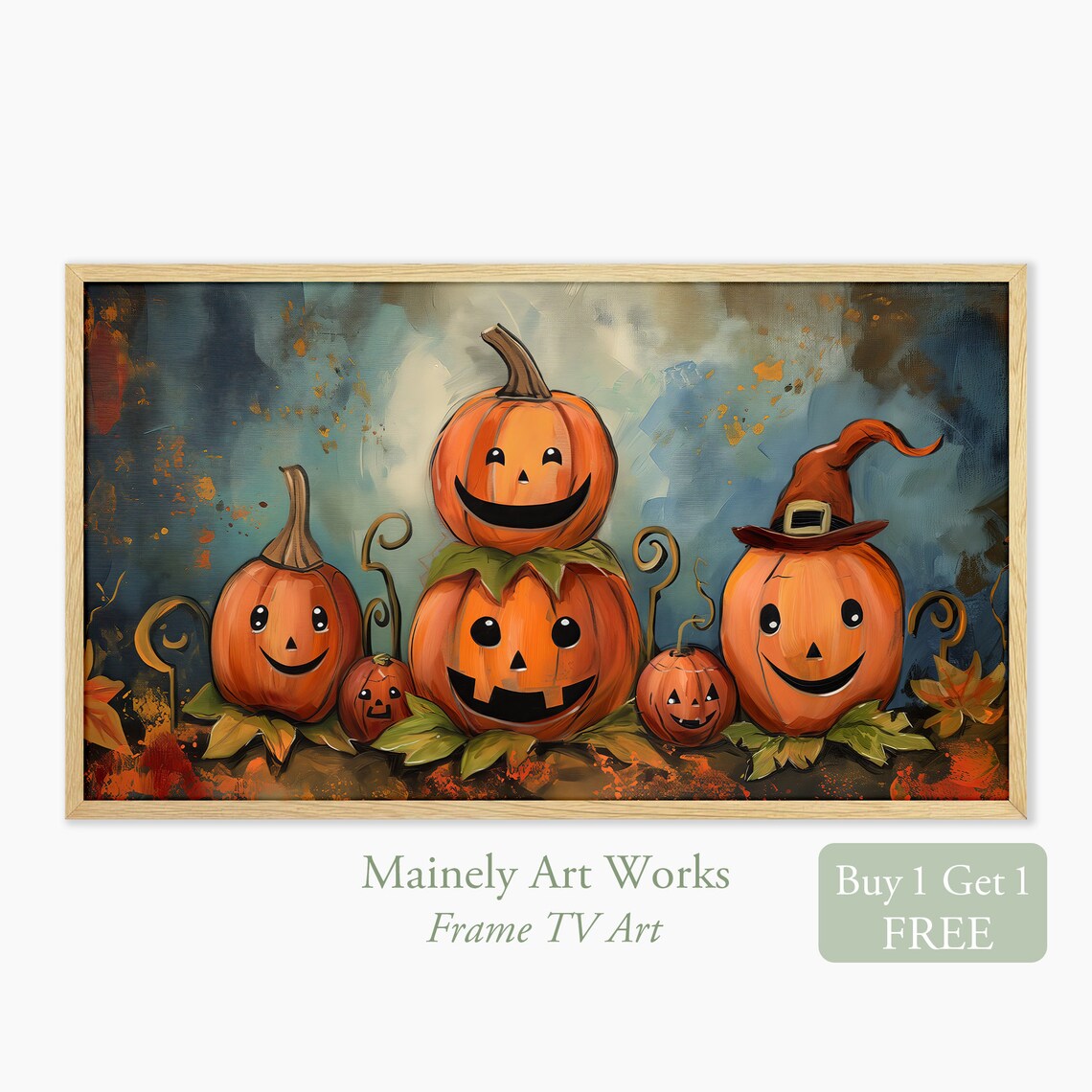 Whimsical Smiling Pumpkins Group Cute Jack O Lanterns Halloween Wall Art Print