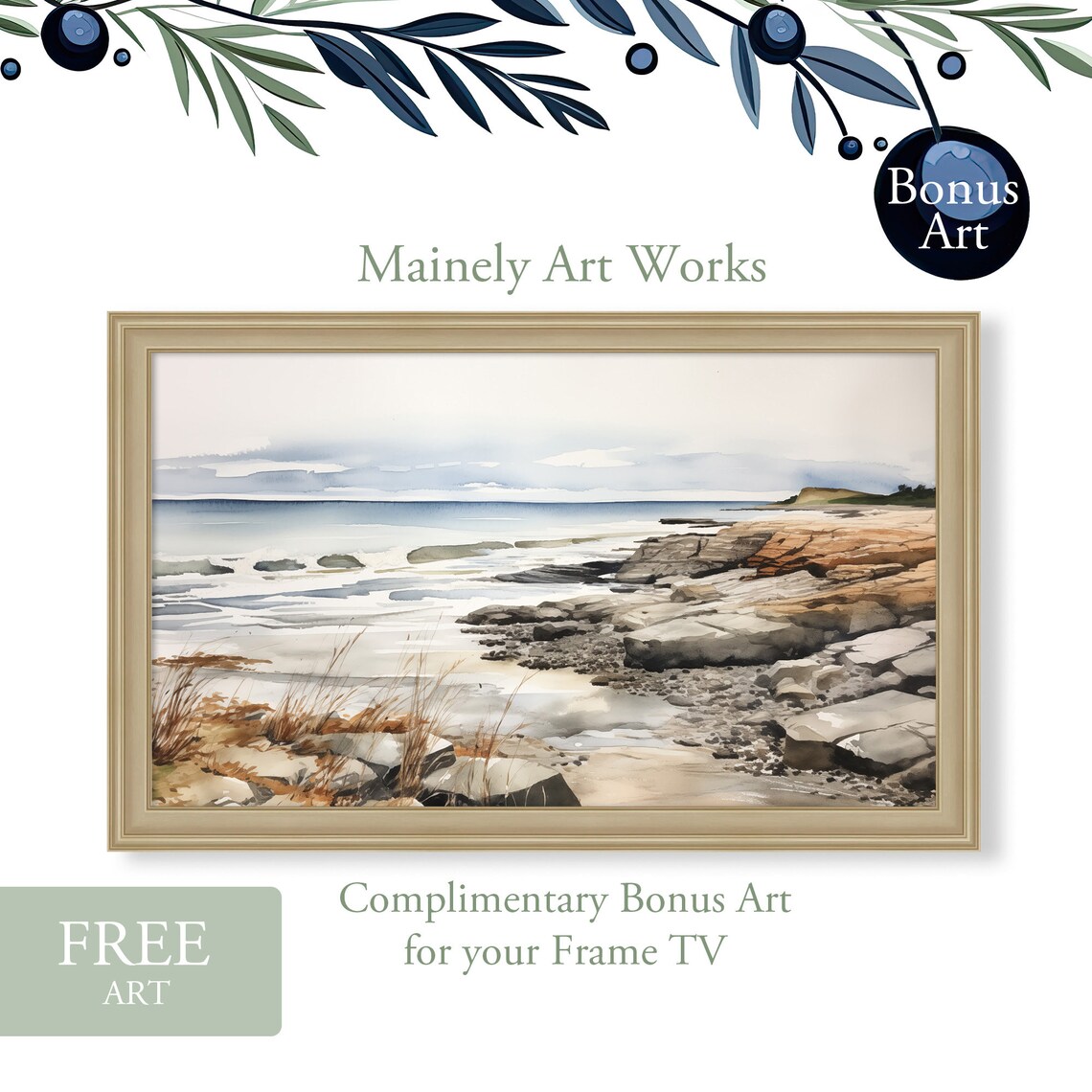 Weathered Old Boat Stranded On Rocky Beach Gentle Waves Seascape Wall Art Print - Image 2