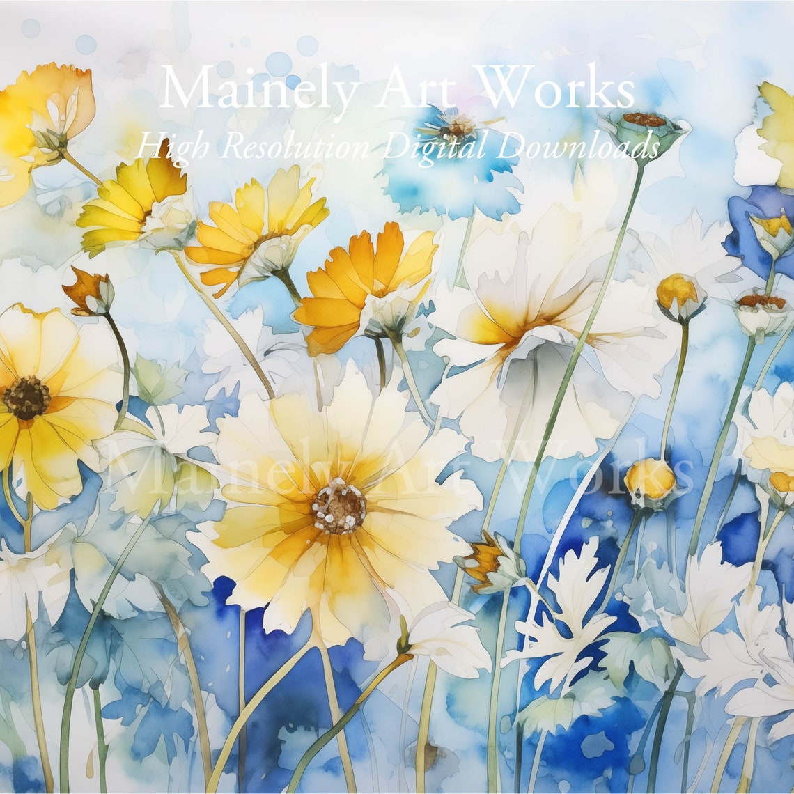 Yellow Daisy Wildflower Meadow Blue Watercolor Spring Poster - Image 3