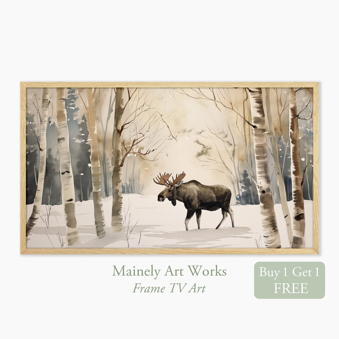 Bull Moose Walking Through Snowy Birch Forest Winter Watercolor Wall Art Print