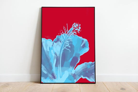 Blue Hibiscus Poster Bold Red Background Modern Botanical Print Large Wall Art Minimalist Floral Decor Abstract Flower Art