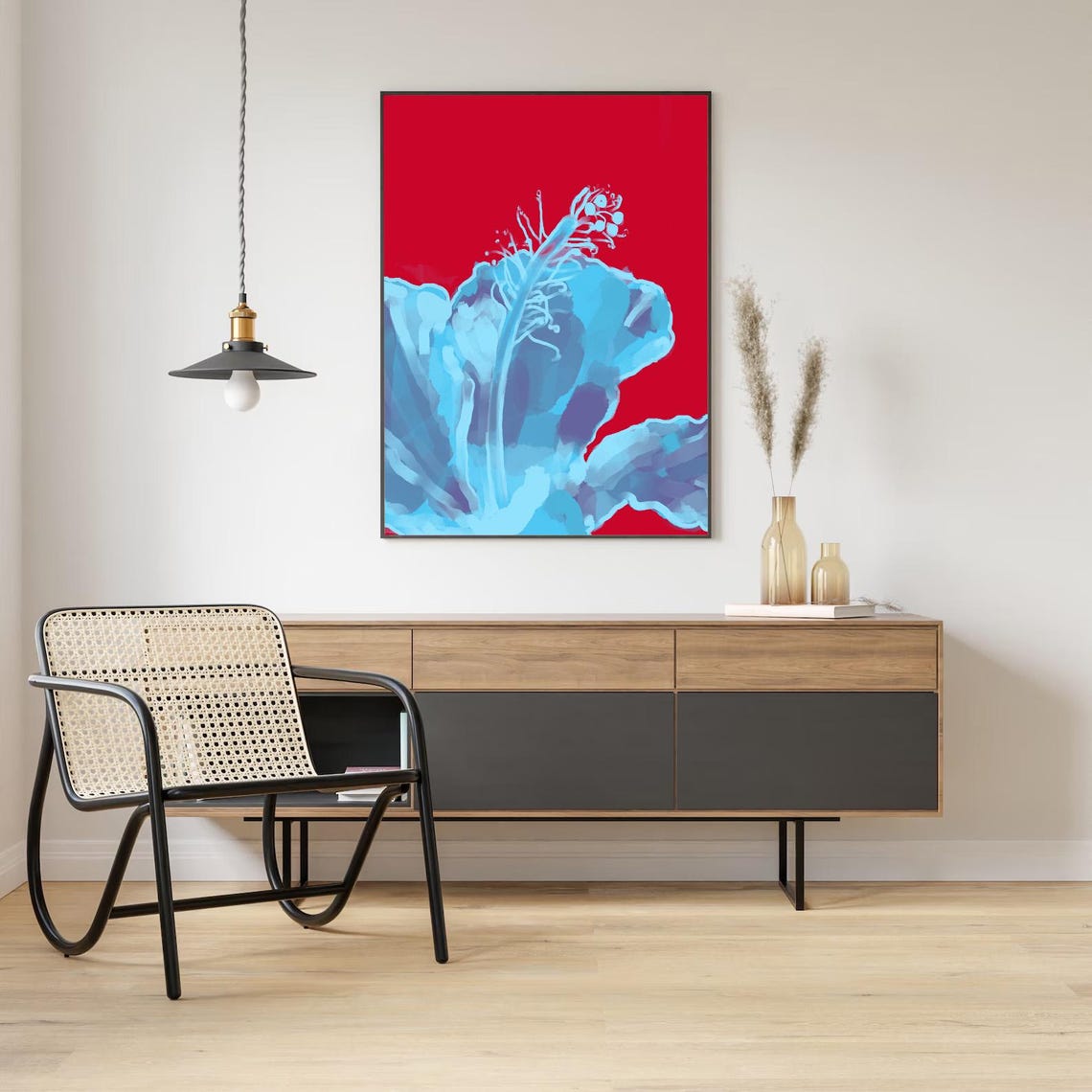 Blue Hibiscus Poster Bold Red Background Modern Botanical Print Large Wall Art Minimalist Floral Decor Abstract Flower Art - Image 3