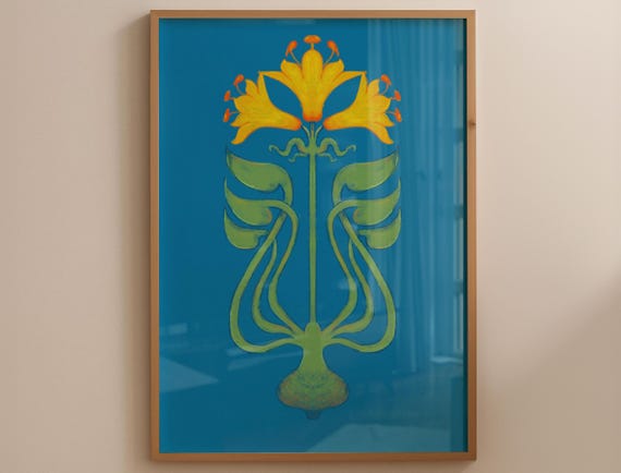 Art Nouveau Lily Poster Blue And Yellow Floral Poster Botanical Illustration Modern Vintage Decor Turquoise Art Bold Color Gift