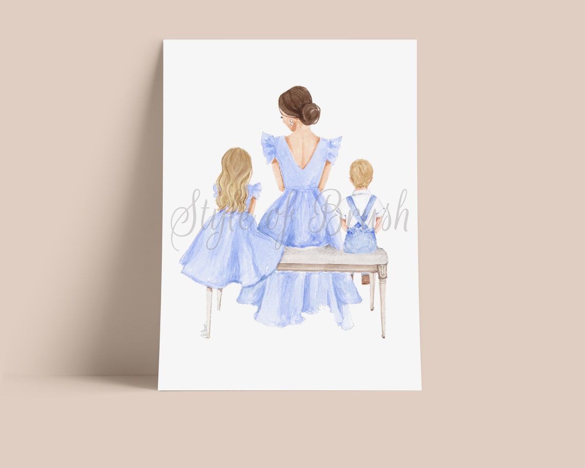 Mother with Daughter and Son Watercolor Bench Portrait Blue Poster - Image 2