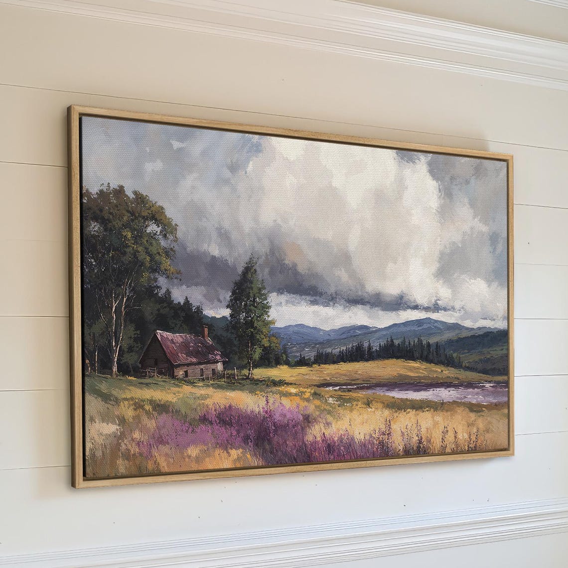 Rustic Cabin Countryside Landscape Framed Print Nature Scenery Lake View Painting Country Wall Art Ready To Hang Lodge Decor