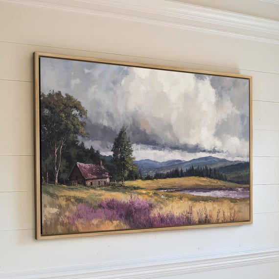 Rustic Cabin Countryside Landscape Framed Print Nature Scenery Lake View Painting Country Wall Art Ready To Hang Lodge Decor