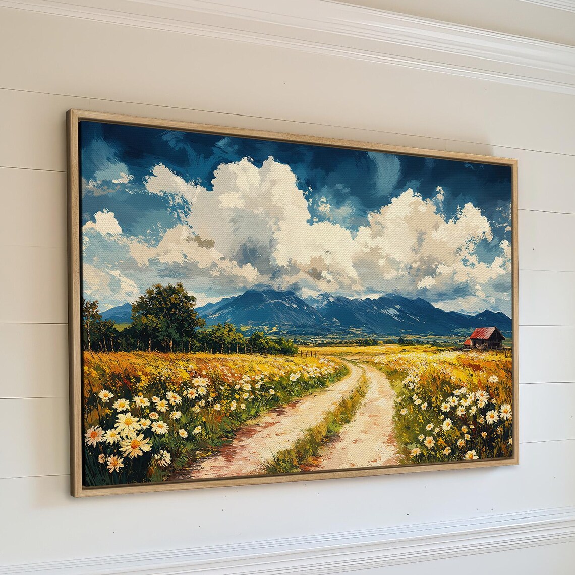 Vibrant Country Road Flower Meadow Mountain Landscape Art Poster