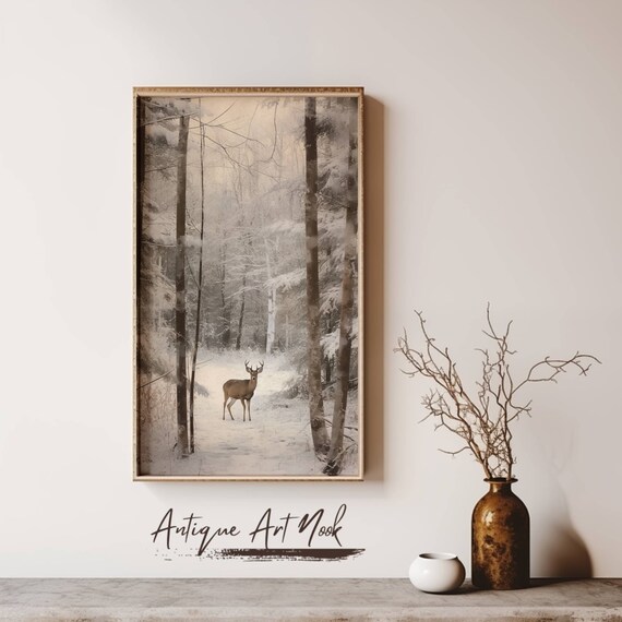 Deer Standing in a Snowy Birch Forest Winter Landscape Poster