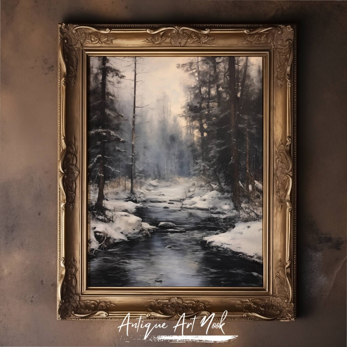 Winter River Scene, Atmospheric Landscape Art Print - Image 3