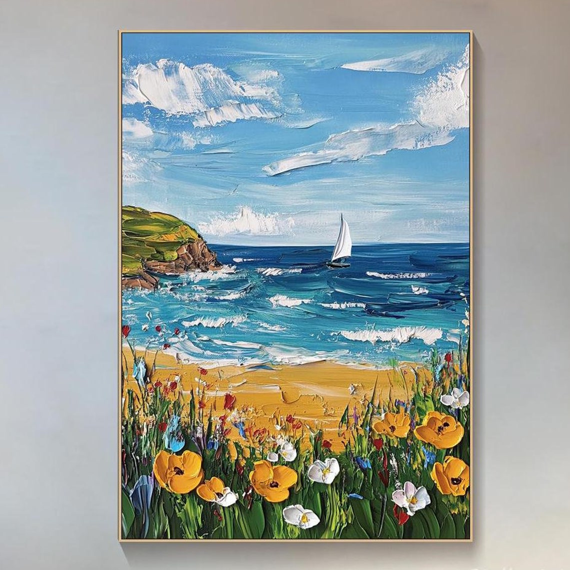 Sailboat Coast Cliff Wildflowers Foreground Textured Seascape Poster