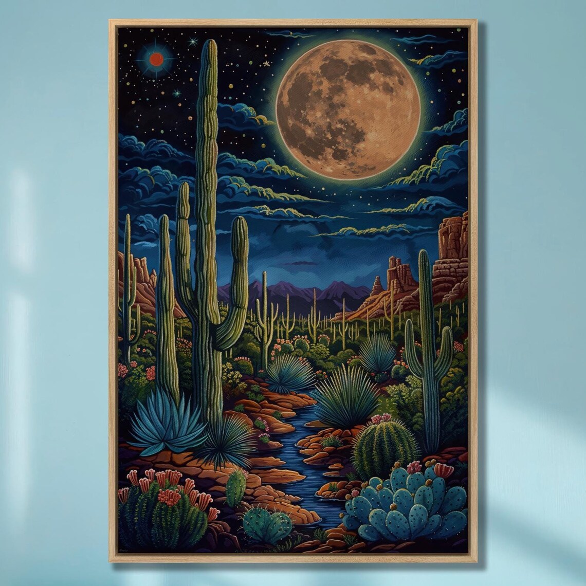 Full Moon Desert Night Saguaro Cactus Landscape Painting Poster