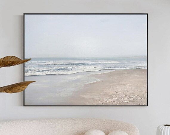 Soft White Beach Painting Gentle Waves Sandy Shore Hazy Coastal Wall Art Poster