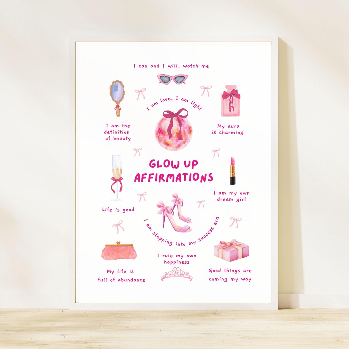 Glow Up Affirmations Pink Coquette Self Love Quotes Dorm Wall Art - Image 2