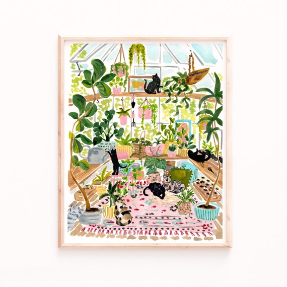 Greenhouse Cats Garden Watercolor Art Print
