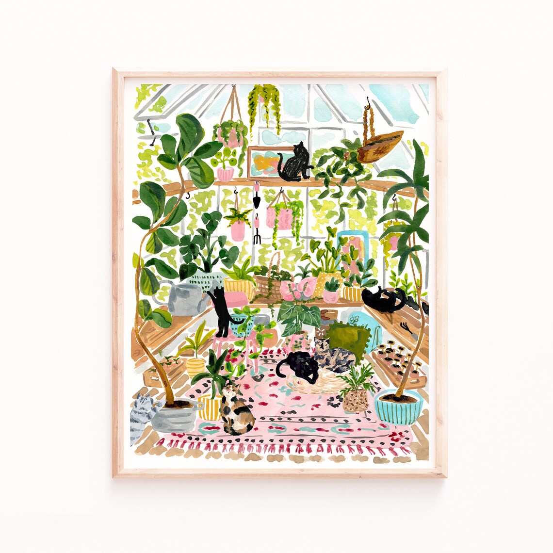 Greenhouse Cats Garden Watercolor Art Print