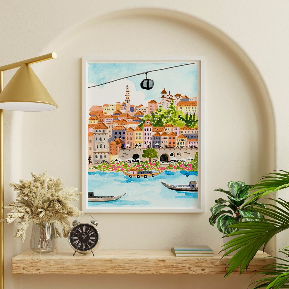 Porto Portugal Riverside Colorful Houses Cable Car Watercolor Poster - Image 3