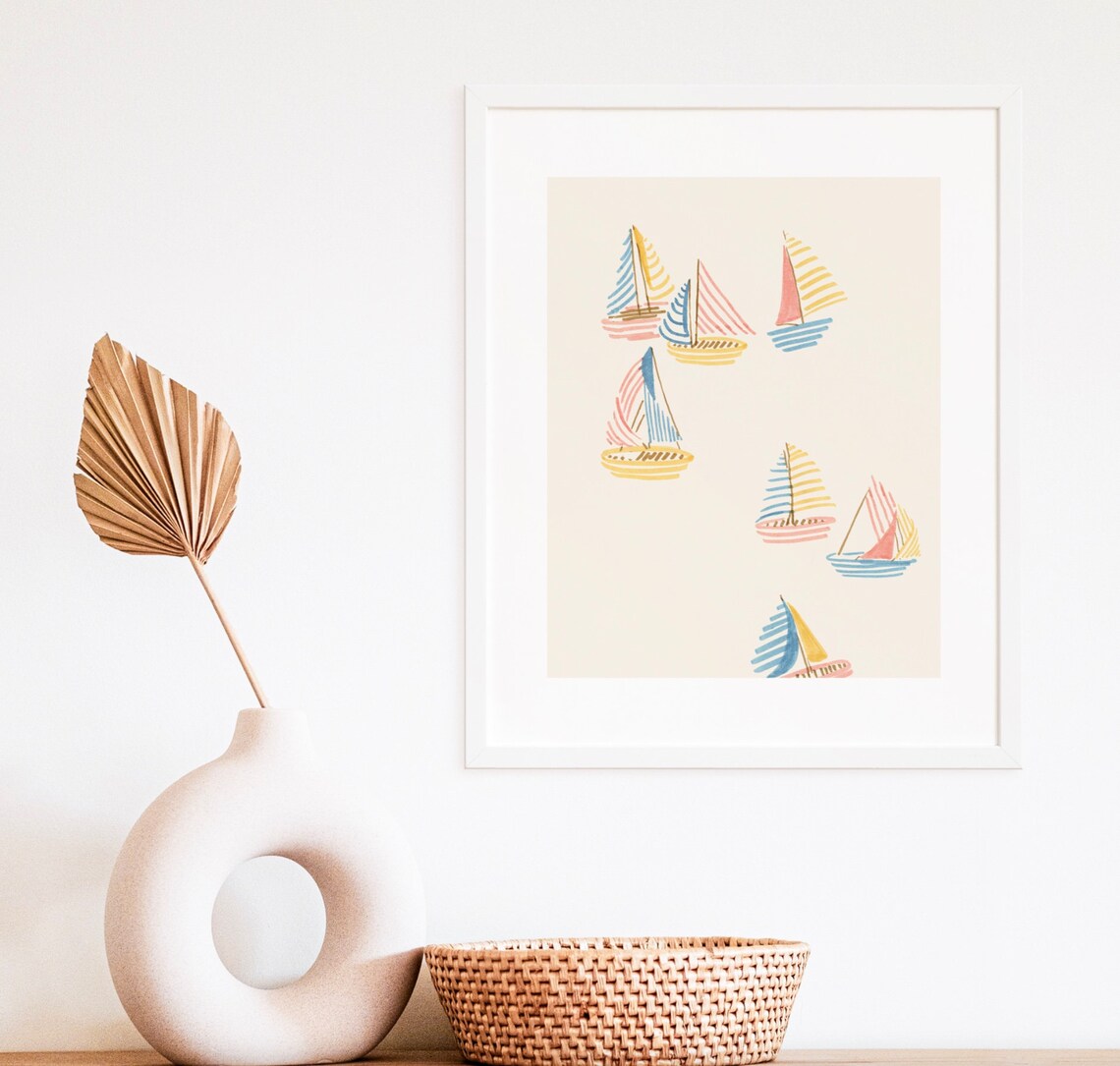 Striped Sailboats Art Print, Neutral Nautical Decor - Image 2