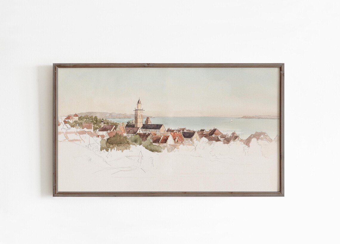 European Coastal Town Watercolor Church Tower Red Roofs Sea Poster - Image 3