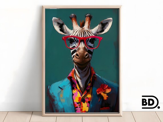 Zebra in Red Glasses Suit Wes Anderson Style Animal Portrait Print