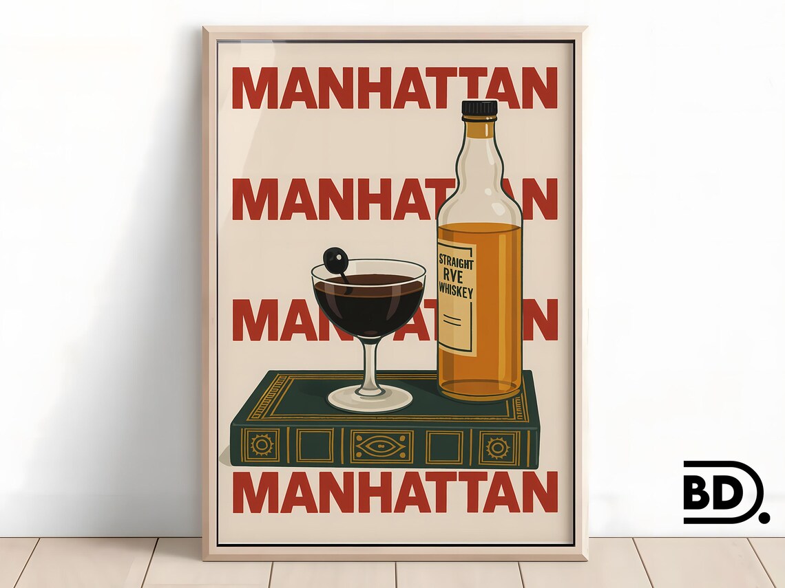 Retro Manhattan Cocktail Poster With Rye Bottle And Coupe Glass