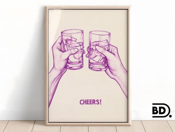 Cheers Print Bar Cart Wall Art Vintage Bar Art Retro Decor Blue Bar Cart Print Instant