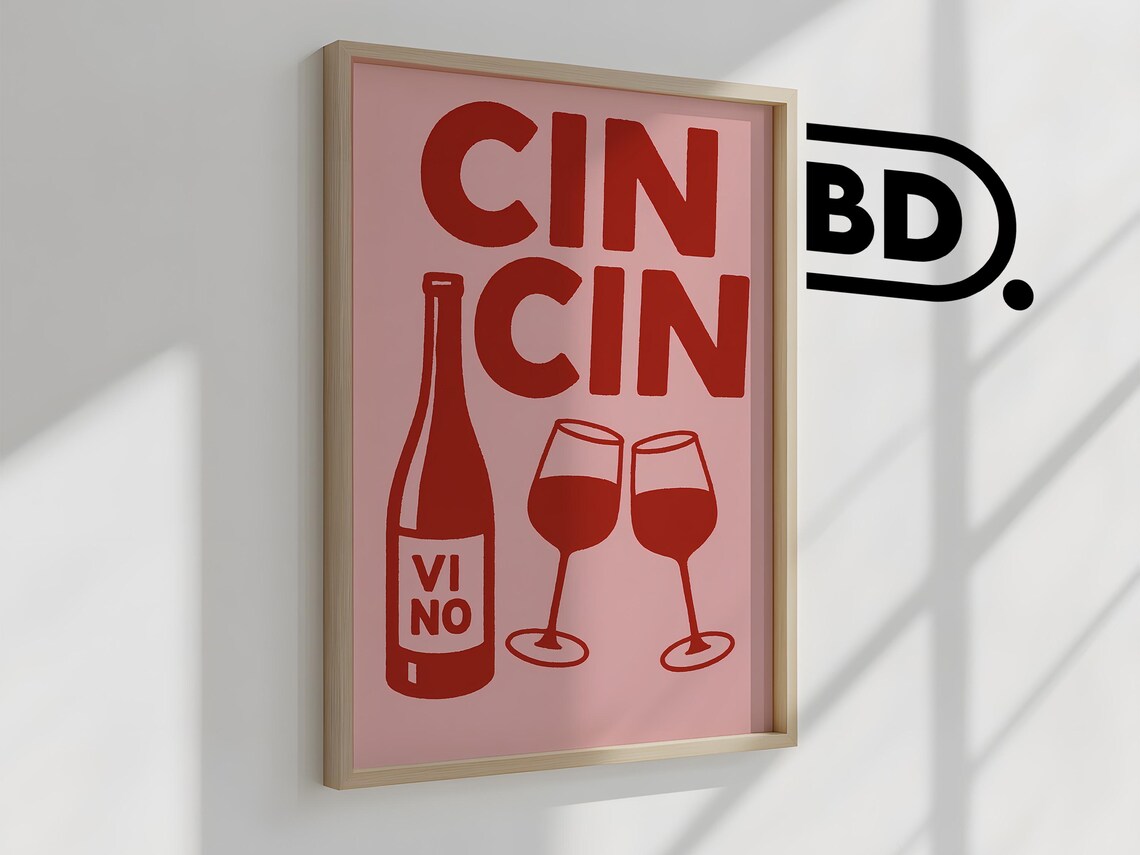 Cin Cin Vino Bottle And Two Wine Glasses In Red On Pink Wall Art - Image 2