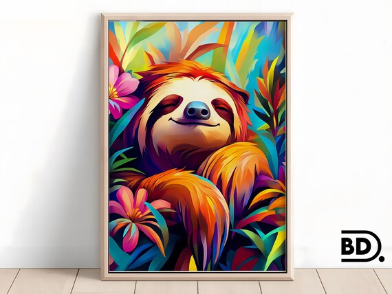 Sleepy Smiling Sloth Among Bright Tropical Flowers Colorful Poster