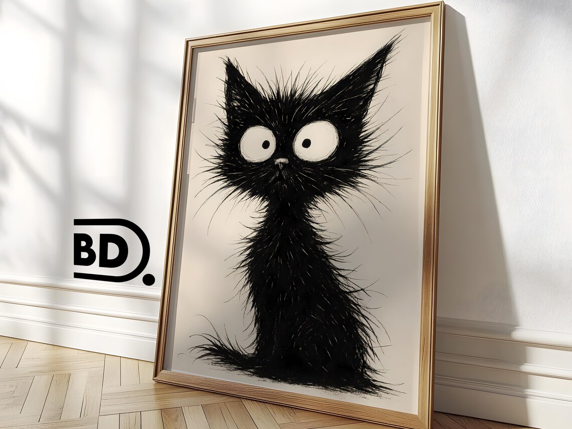 Scruffy Black Cat With Wide Surprised Eyes Funny Ink Drawing Poster - Image 3