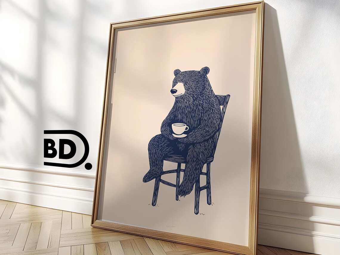 Quirky Bear Sitting With Teacup Navy Ink Illustration Kitchen Poster - Image 3