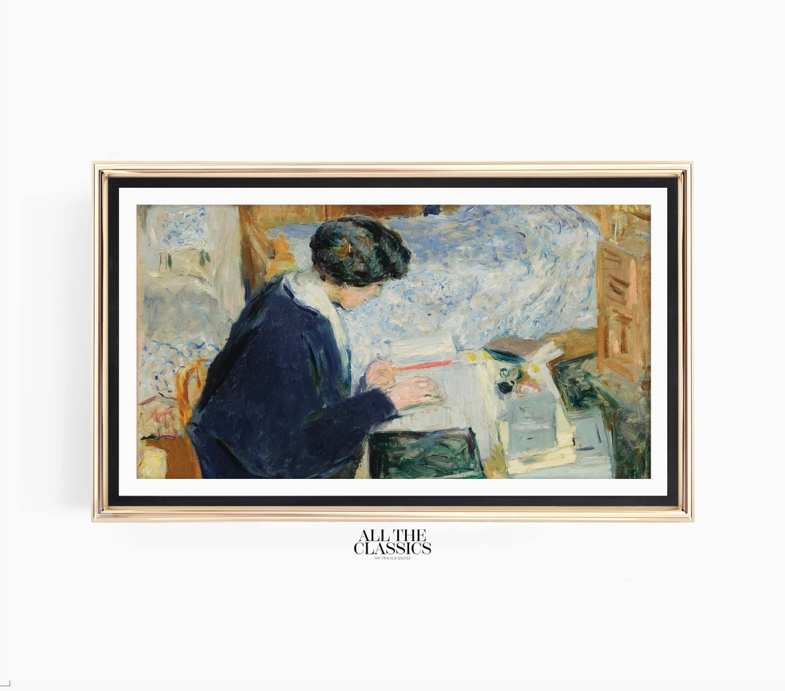 Woman Reading at a Desk in Soft Blue Light Impressionist Poster - Image 3