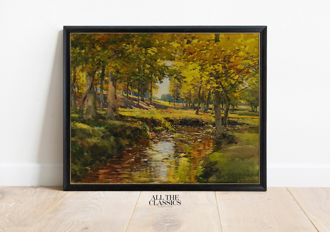 Golden Autumn Forest with a Winding Stream Vintage Landscape Poster - Image 3