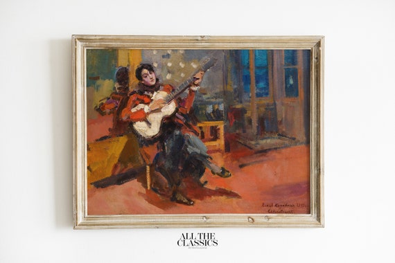 Vintage Art Print Wall Art Male Portrait Music Bold Orange Blue The Guitar Player Konstantin Alexeevich Korovin