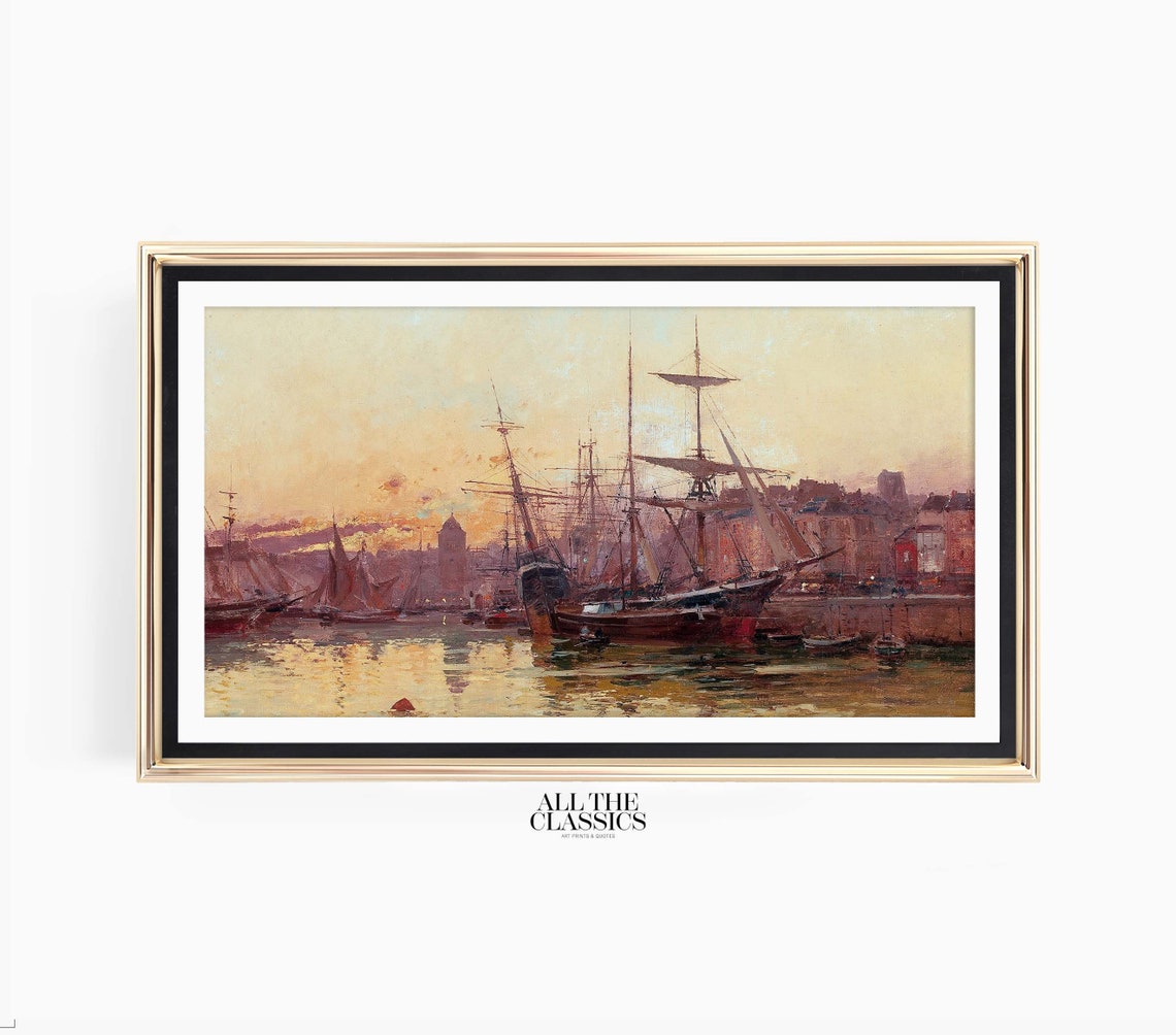 Sunset Harbor Tall Ships Golden Reflections Nautical Wall Art - Image 3