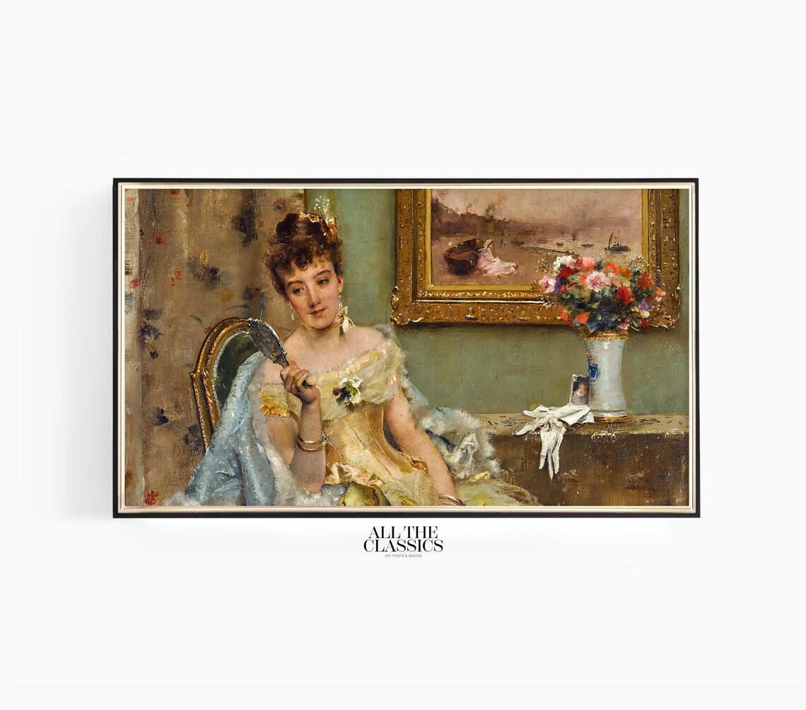 Woman With Hand Mirror Yellow Dress Floral Vintage Portrait Poster