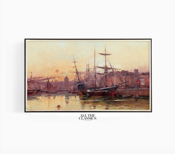 Sunset Harbor Tall Ships Golden Reflections Nautical Wall Art