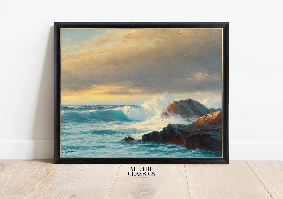 Golden Sunset Ocean Waves Crashing On Rocky Shore Art Poster - Image 3