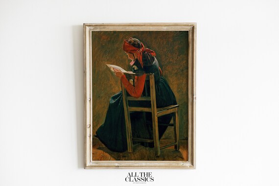 Young Girl Reading in a Chair Moody Dark Vintage Portrait Poster