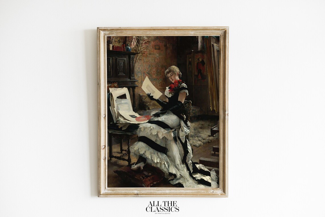Elegant Lady Examining Art Folios Studio Dramatic Vintage Painting Poster
