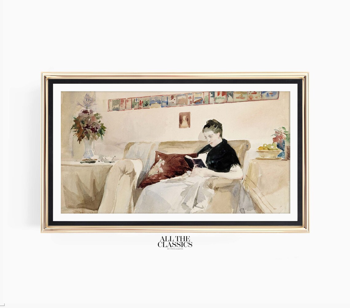 Elegant Woman Reading On Sofa Soft Watercolor Interior Art Poster - Image 3