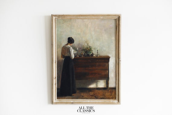 Vintage Art Print Wall Art Muted Rustic Interior With The Artists Wife Standing At A Chest Of Drawers Carl Holse