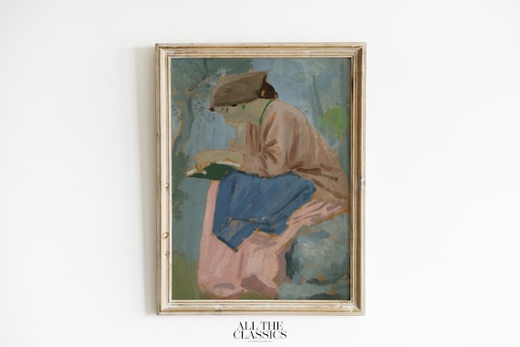 Woman Reading Outdoors Blue And Pink Impressionist Portrait Poster