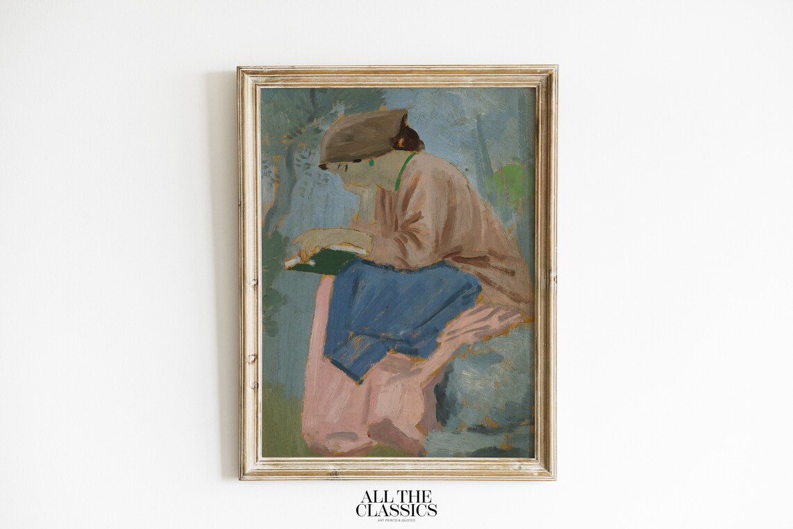 Woman Reading Outdoors Blue And Pink Impressionist Portrait Poster